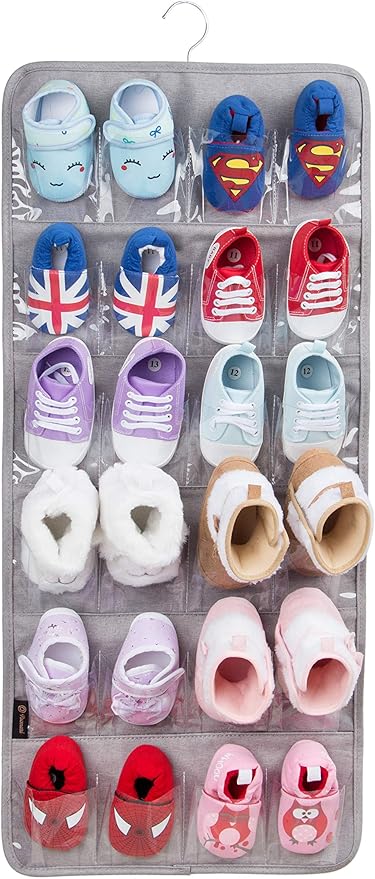 PACMAXI Over The Door Shoes Organizer for 12 Pairs of Baby Shoes Boys Girl, Hanging Baby Shoe Organizer with Hanger(Polyester Material-Grey)