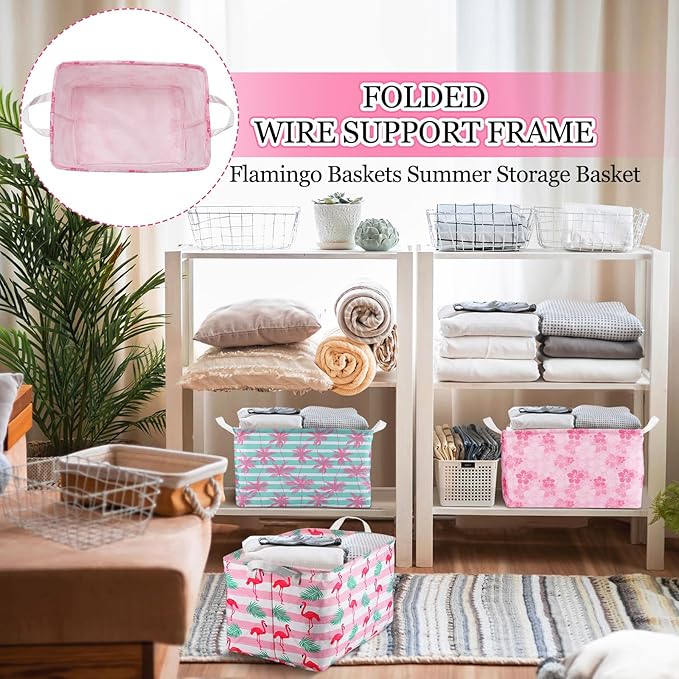 Geelin 3 Pcs Flamingo Baskets Summer Storage Basket for Gifts Collapsible Waterproof Canvas Cute Storage Bin Organizer with Handles for Book Closet Shelf Nursery Decor