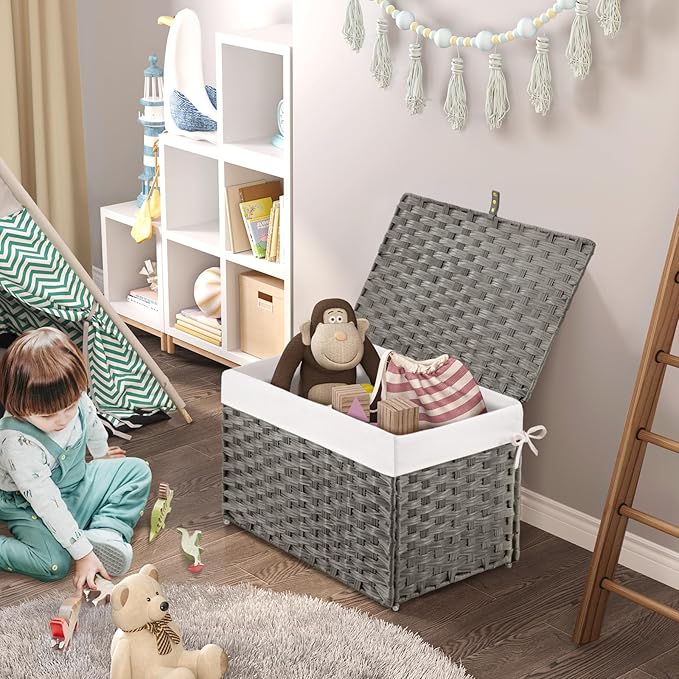 GREENSTELL Storage Basket with Lid, 17.2 Gallon(65L) Small Wicker Blanket Storage Basket with Handles, Foldable, 2 Removable Liner Bags, Metal Frame, for Bedroom, Laundry Room, Grey, 22.2"*13.4"*13.4"