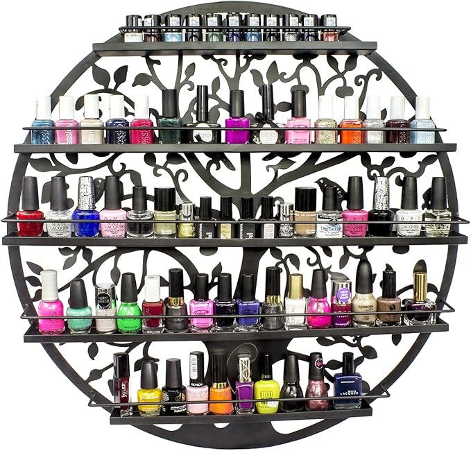 Sorbus Wall Mounted 5 Tier Nail Polish Rack Holder - Tree Silhouette Round Metal Salon Wall Art Display (Black)