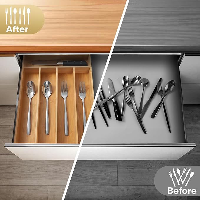 Silverware Organizer, 10 Inch Utensil Organizer Kitchen Drawer Organizer Bamboo Silverware Holder Cutlery Tray Organizer in Drawer Flatware Organizer Tray(5 slots, Natural
