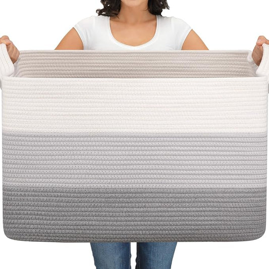 OIAHOMY Extra Large Blanket Basket, 110L Cotton Rope Woven Laundry Basket, Toy Bin for Baby Room, Container for Blanket Storage in Living Room, 24.8''×17.3''×15.8'', Gradient Grey