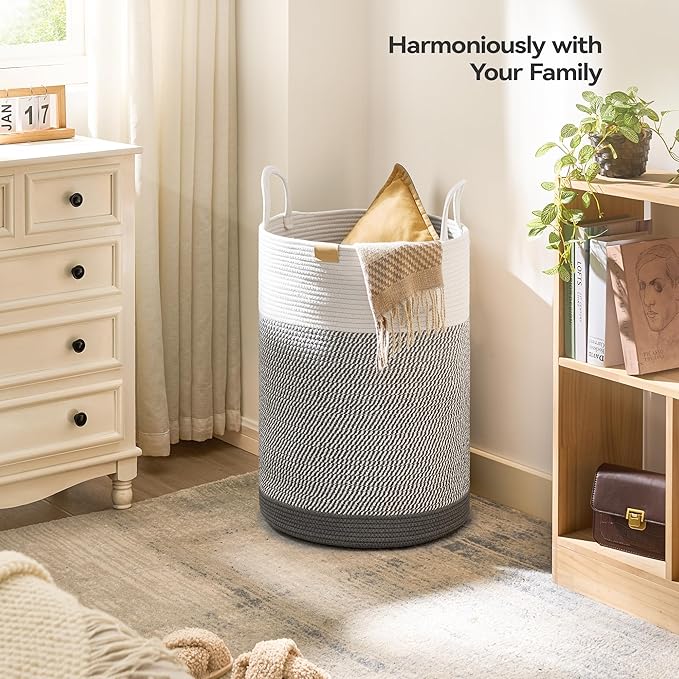 Nunsino Laundry Hamper 75L,Large Laundry Basket for Clothes,Decorative Storage Basket for Blankets,Cotton Rope Woven basket for bedroom,Grey White