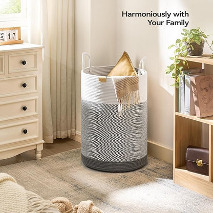 Nunsino Laundry Hamper 75L,Large Laundry Basket for Clothes,Decorative Storage Basket for Blankets,Cotton Rope Woven basket for bedroom,Grey White