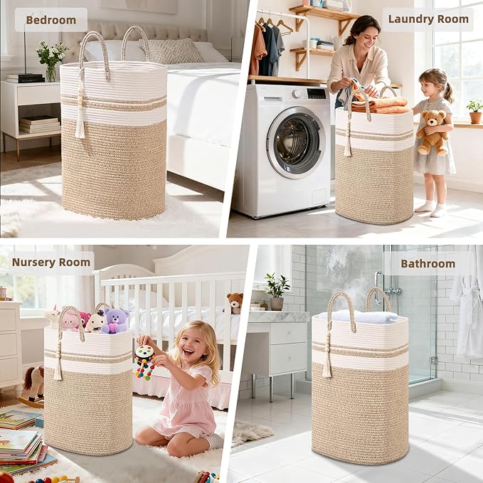 Woven Laundry Basket for Clothes, 80 L Large Rectangle Laundry Hampers with Beads Tassel, Nursery Storage Basket for Toys, Tall Dirty Clothes Hamper for Bedroom Aesthetic, Laundry Room Organization