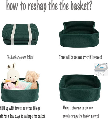 XUANGUO Small Woven Storage Baskets 12“X8”X5“ Decorative Rope Bins for Organizing Shelves, Closets, and Toys, Empty Gift Baskets, Cute Organizer Basket for Home and Office (dark green, regular)