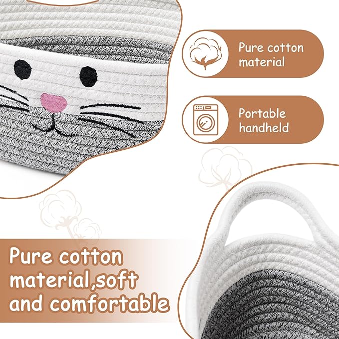 Small Woven Baskets for Organizing Rope with Handle Cute Cotton Basket for Nursery Gift Dog Cat Toy Storage Basket for Toy Organizer-Gray