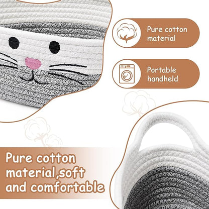 Small Woven Baskets for Organizing Rope with Handle Cute Cotton Basket for Nursery Gift Dog Cat Toy Storage Basket for Toy Organizer-Gray