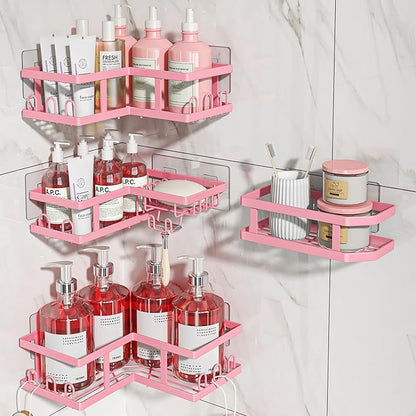 Youvip 4-Pack Adhesive Corner Shower Caddy with Soap Holder, No Drilling Wall Mounted Shower Shelves-Rustproof, Organizer for Bathroom, Kitchen & Home Decor. Pink