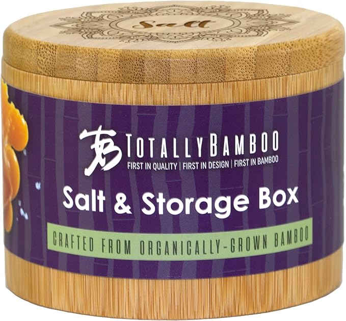 Totally Bamboo Salt Cellar Bamboo Storage Box with Magnetic Swivel Lid, 6 Ounce Capacity, Mandala Flower Engraved on Lid
