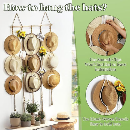 Macrame Hat Organizer Rack for Wall 15 Clips 31x66in Large Fedora Hat Hangers Display for Wide Brimmed Hat Holder Storage Boho Decor for Fedora Sun Straw Panama Closet Bedroom Brown