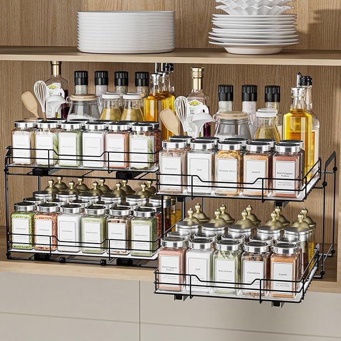 BOIVSHI 2-Tier Spice Rack Organizer, Pull Out Spice Rack for Cabinet, Height Adjustable Heavy Duty Metal Basket for Inside Cabinet & Pantry (11.5''Wx10.5''Dx9.5''H)