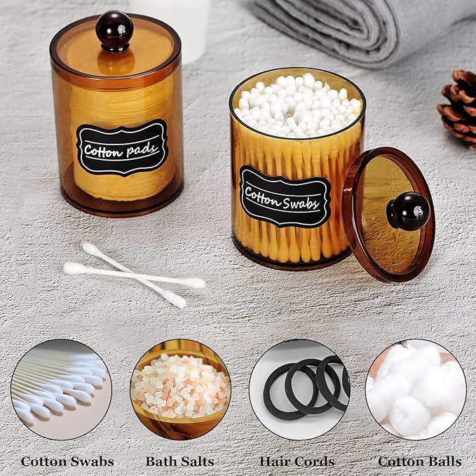 SheeChung 6 Pack Acrylic Qtip Holder,Apothecary Jars Set with Lids,10oz -12oz Clear Plastic Canister,Bathroom Vanity Organizer for Cotton Swabs,Balls,Pads,Modern Farmhouse Home Decor (Amber)