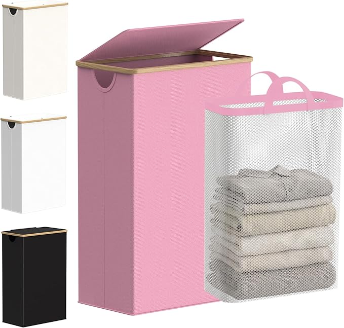efluky Slim Laundry Basket with Lid, Narrow Laundry Hamper with Removable Bag, Skinny Dirty Clothes Basket with Bamboo Handles for Bathroom, Bedroom & Laundry Room, 75L Pink