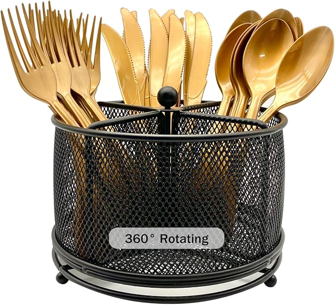 DysanVica 360° Rotating Metal Utensil Caddy - 4 Compartment Silverware Cutlery Holder Rotation Fork Spoon Napkin Organizer Flatware Storage Basket Party Countertop Buffet Picnic Camping Outdoor Black