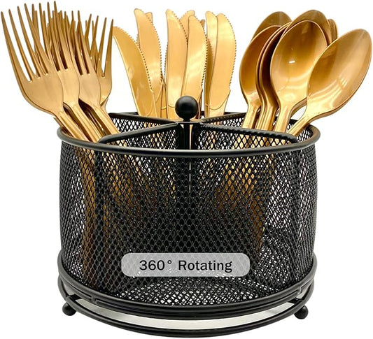 DysanVica 360° Rotating Metal Utensil Caddy - 4 Compartment Silverware Cutlery Holder Rotation Fork Spoon Napkin Organizer Flatware Storage Basket Party Countertop Buffet Picnic Camping Outdoor Black