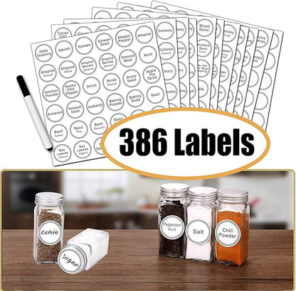 SWOMMOLY Spice Rack Organizer with 32 Empty Square Glass Spice Jars, 386 White Spice Labels with Chalk Marker and Funnel Complete Set, Seasoning Organizer for Countertop, Cabinet or Wall Mount