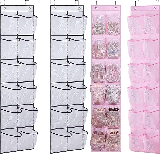 MISSLO Over The Door Shoe Organizer 12 Large Mesh Pockets, White + Pink