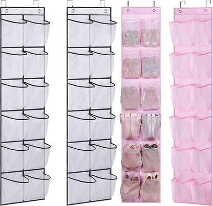 MISSLO Over The Door Shoe Organizer 12 Large Mesh Pockets, White + Pink