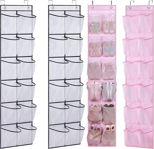 MISSLO Over The Door Shoe Organizer 12 Large Mesh Pockets, White + Pink