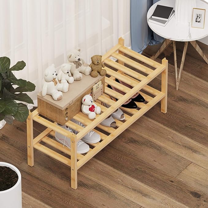 Dranixly Shoe Rack, 2-Tier Bamboo Stackable Shelf Storage Organizer, Stand for Closet, Entryway, Hallway, Bathroom and Living Room（Natural）