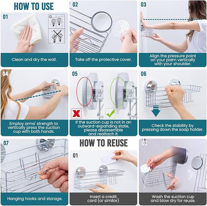 TAILI Shower Caddy Suction Cup, 3 Pack Shelves for Inside with Hooks & Soap holder Toothbrush Cups, Removable Bathroom Organizer, Rustproof Silver Holder Storage-Silver