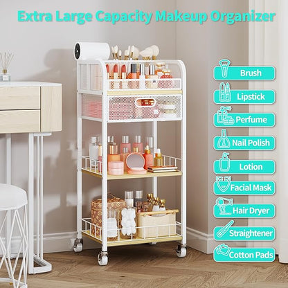 HapiRm Makeup Organizer Storage Cart - 4 Tier Skincare Make Up Storage with Drawer, Rolling Makeup Cart Vanity Organizer Cosmetics Display Cases Holder for Skin Care Perfume Nail Polish Brush