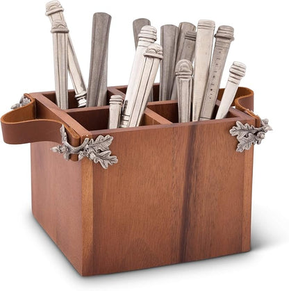 Vagabond House Caddy Square Acacia Wood Flatware/Serve ware/Utensil/Carry-All Holder with Solid Pewter Acorn & Oak Leaf Accent and Real Leather Handles, 4 Compartments 8 inch x 7 inch