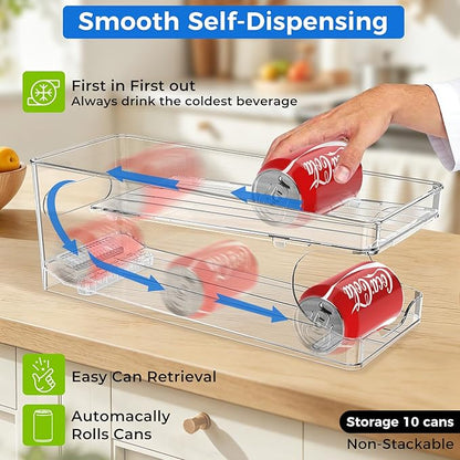 2 Pack Rolling Soda Can Organizer for Refrigerator Can Dispenser for Fridge Beer Soda Seltzer Pop Can Soda Organizer for Fridge 10 Standard Size 11.15oz 12oz 330ML 355ML Cans Holder Storage