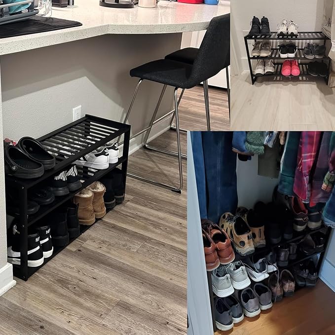 Jripae Bamboo Shoe Rack for Closet, 3 Tier 32.5inch Longer Shoe Organizer Shelf Holder Storage 12-15 Pairs Stackable for Entryway Door Hallway Bedroom Garage Space Saving Foldable Black