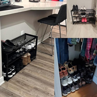 Jripae Bamboo Shoe Rack for Closet, 3 Tier 32.5inch Longer Shoe Organizer Shelf Holder Storage 12-15 Pairs Stackable for Entryway Door Hallway Bedroom Garage Space Saving Foldable Black