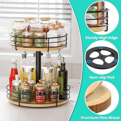 Lazy Susan Spice Rack Organizer Turntable Height Adjustable, 12 Inch Wood Lazy Susan 2 Tier, Rotating Spice Rack Organizer for Cabinet Dining Table Top Kitchen Bathroom Countertop Black