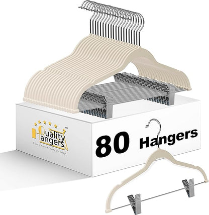 80 Pack Ivory Quality Plastic Non Velvet Non-Flocked Thin Compact Coat Hangers with Metal Clips for Skirts Pants Blouses 360° Swivel Hook