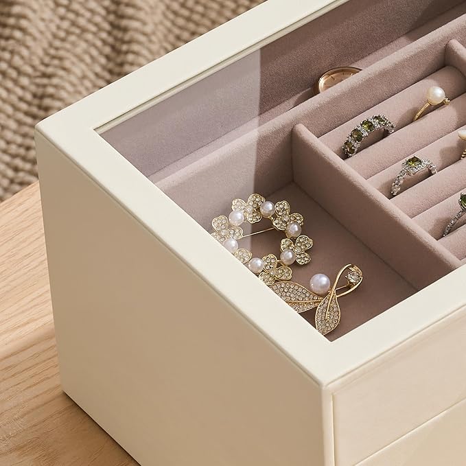 pickpiff Jewelry Box Organizer Case for Women: 3-Layer Jewelry Storage Case with Glass Window, Ivory Leather with Pink Velvet, Holder for Ring Necklace Bracelet Brooch Watch, Great Gift for Her