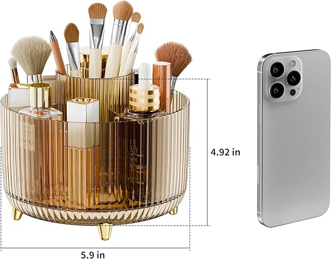 Clear Rotating Makeup Organizer Countertop for Vanity, 360° Makeup Brush Holder Organizer with 5 Compartments, Transparent Cosmetic Storage for Lipstick, Skincare, Bathroom Counter (Transparent Amber)