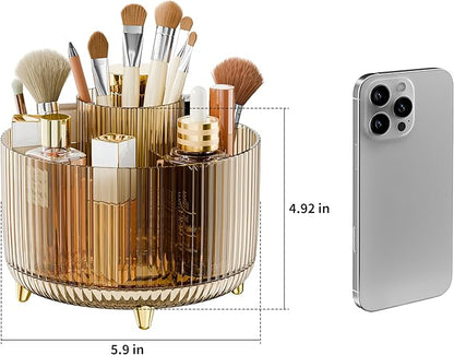 Clear Rotating Makeup Organizer Countertop for Vanity, 360° Makeup Brush Holder Organizer with 5 Compartments, Transparent Cosmetic Storage for Lipstick, Skincare, Bathroom Counter (Transparent Amber)