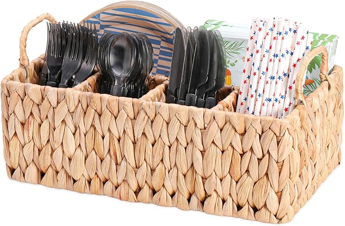 Wicker Party Silverware Caddy, Water Hyacinth Plastic Cutlery Utensil Holder, Hand Woven with Handles, Kitchen Countertop and Picnic flatware Organizer (5 compartments)