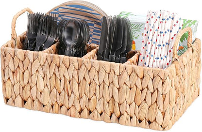 Wicker Party Silverware Caddy, Water Hyacinth Plastic Cutlery Utensil Holder, Hand Woven with Handles, Kitchen Countertop and Picnic flatware Organizer (5 compartments)