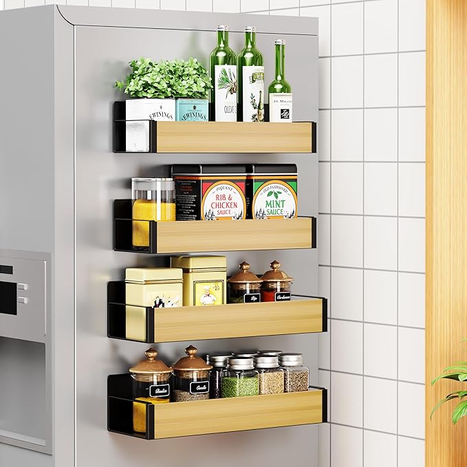 Vetacsion 4 Pack Moveable Fridge Magnetic Spice Racks,Metal (Bamboo)