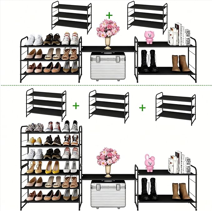 Ekisemio 3-Tier Stackable Shoe Rack – Expandable & Adjustable Fabric Shoe Organizer, Space-Saving for Closet, Black