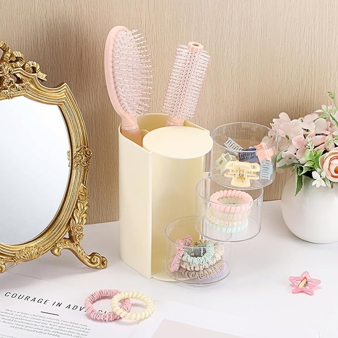Plastic Hair Accessories Organizer with Hair Brush Holder Spinning Makeup Storage Container for Vanity Bathroom Countertop, 3-Layer Yellow