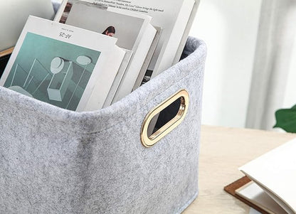Collapsible Storage Bins Foldable Felt Fabric Storage Basket Organizer Boxes Containers with Handles Metal Handles for Nursery Toys,Kids Room,Clothes,Towels,Magazine (Light grey, 15.9L×11W×9.8H)