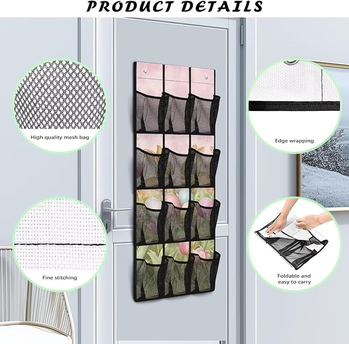 Door Hanging Organizer, Spring Tulip Bunny Over the Door Shoe Rack 12-Pocket Heavy Duty Space Saving Door Hanging Storage Bag for Bathroom Bedroom Small Spaces Easter Gifts