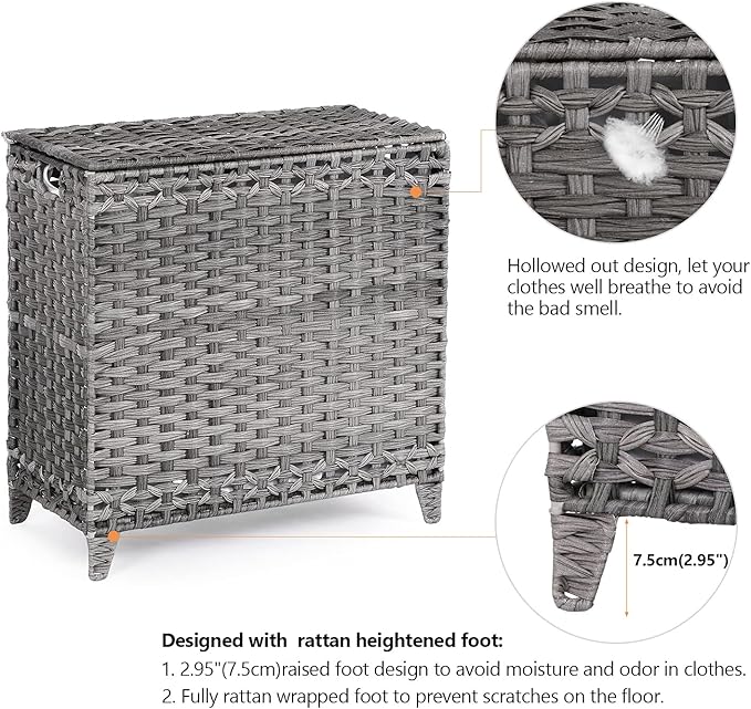 Laundry Hamper with 3 Removable Liner Bags; 132L Handwoven Rattan Laundry Basket with Lid & Heightened Feet; Clothes Hamper with Side Handles; Laundry Sorter with 3 Separate Sections