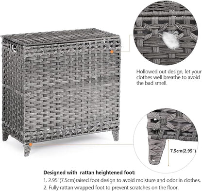 Laundry Hamper with 3 Removable Liner Bags; 132L Handwoven Rattan Laundry Basket with Lid & Heightened Feet; Clothes Hamper with Side Handles; Laundry Sorter with 3 Separate Sections