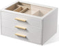 pickpiff Jewelry Box Organizer Case for Women: 3-Layer Jewelry Storage Case with Glass Window, Pure White Leather with Velvet Holder for Ring Necklace Bracelet Brooch Watch, Great Gift for Her