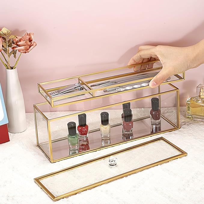 JUXYES Glass Nail Polish Set Storage Box with Tray and Lid, Double Tiers Personal Storage Box Organizer with Mirrored Bottom for Nail Polish Tweezer Manicure Tools Nail Art Accessories Tools Supplies
