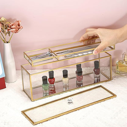JUXYES Glass Nail Polish Set Storage Box with Tray and Lid, Double Tiers Personal Storage Box Organizer with Mirrored Bottom for Nail Polish Tweezer Manicure Tools Nail Art Accessories Tools Supplies