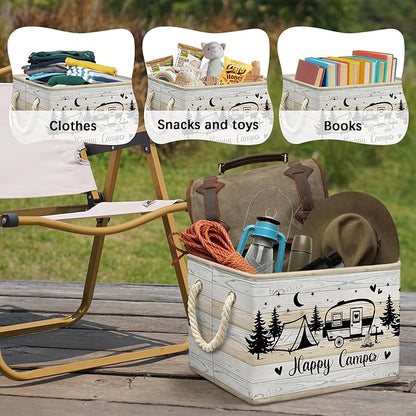 Camping Storage Basket Happy Camper Collapsible Picnic Basket with Handles Outdoor Camping Accessories Storage Bin Organizer for Clothes Toys Books (Balck & Teal, 15x10x10 Inch)