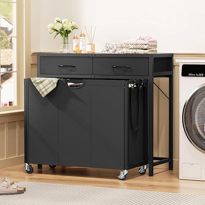 Laundry Sorter, Rolling Laundry Hamper with 3 Section Pull-Out Bags, Laundry Basket Organizer with 2 Drawers & 2-Tone Top Panel, Laundry Hamper with Wheels for Laundry Room Organization, Bathroom
